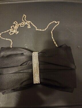 Black Satin Bow Clutch with Rhinestone Detail